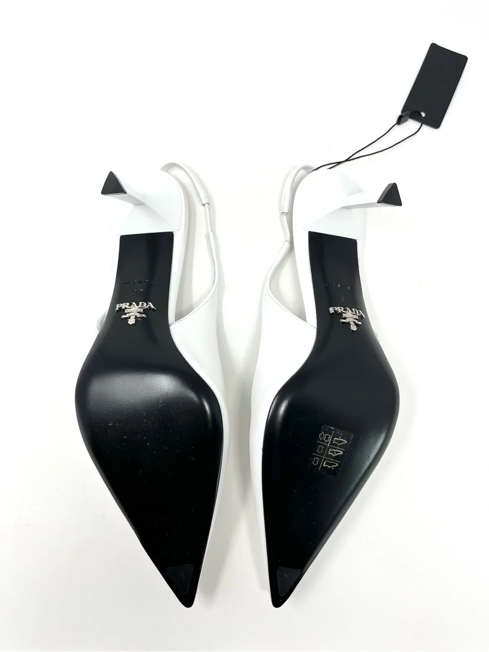 NEW Prada Triangle Logo White Brushed Leather Slingback High Heels Pumps 37 7